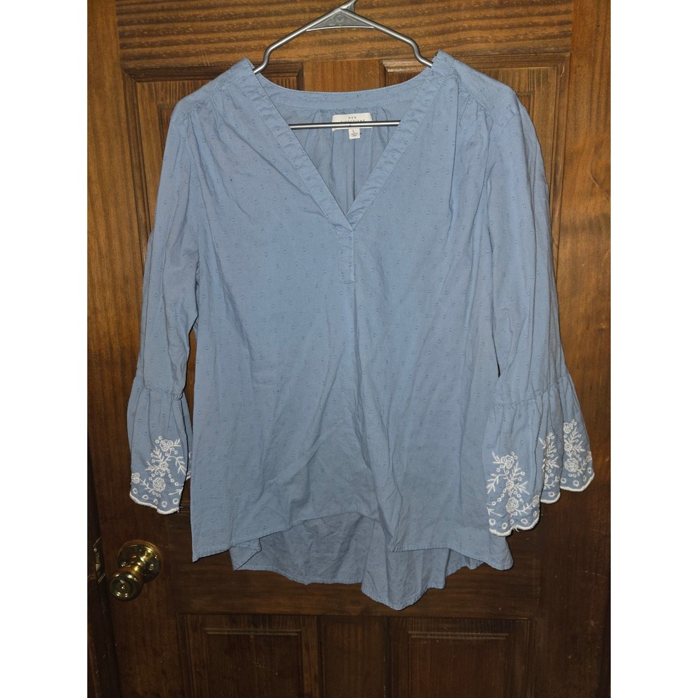 New Directions Womens Blue Clip Dot Embroidered Bell Sleeve V-Neck Blouse Large